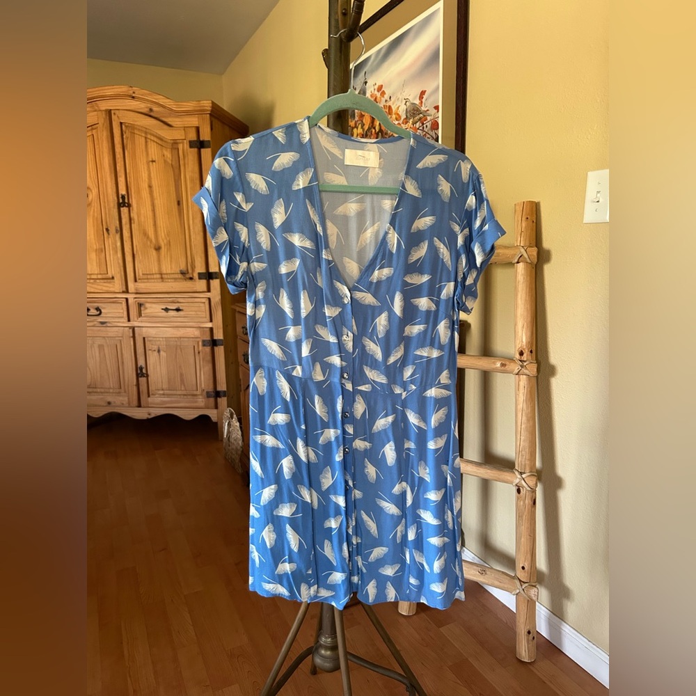 Capulet Mabel Mini Dress Button Front Blue and White Feather Leaf Print